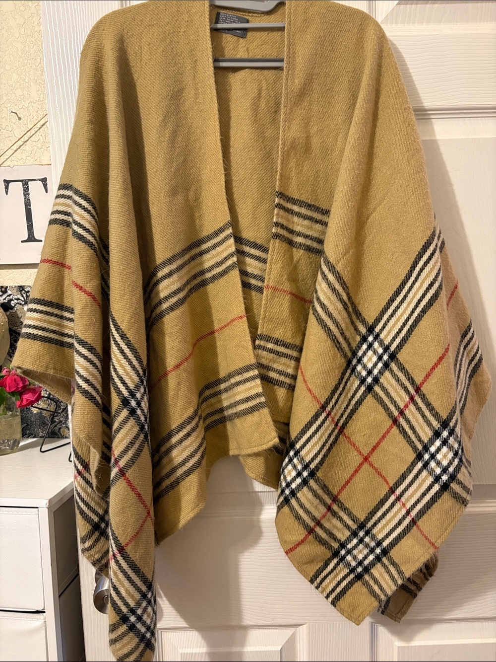 Tan Plaid Wrap Poncho with Black and Red Stripes